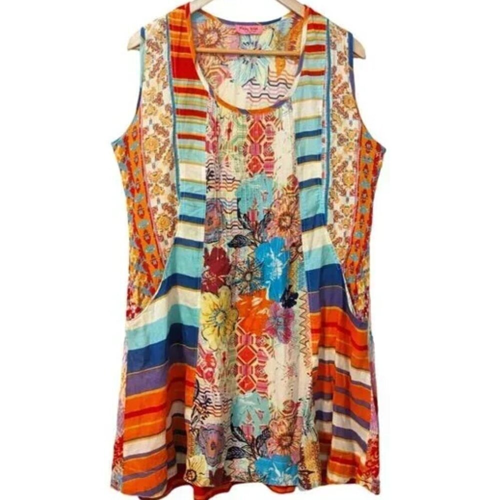 Patchwork Print Shift Dress Boho Festival Lagenlook Ruby Yaya Hippie Size Large